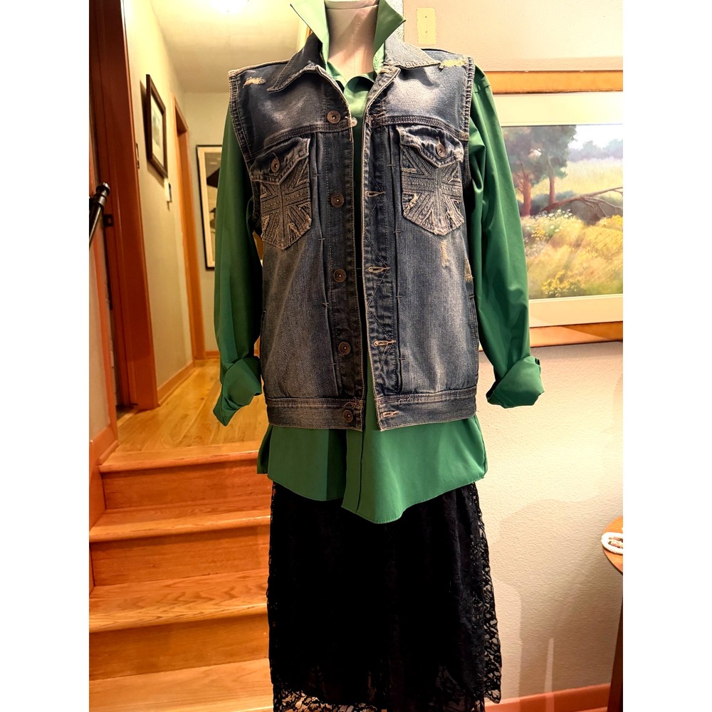 XL AGILE Distressed Denim Vest Button Sleeveless